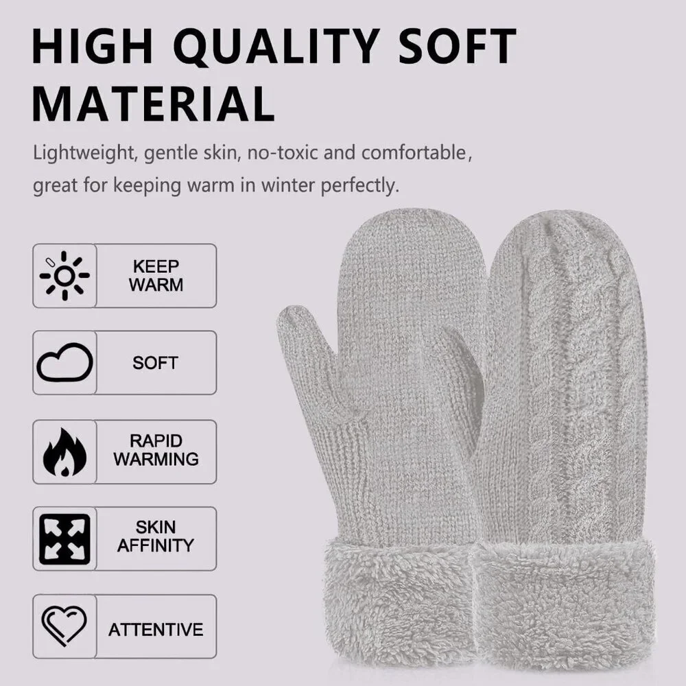 Women's Gray White Winter Warm Imported Fleece Lining Wool Knit Thick Gloves